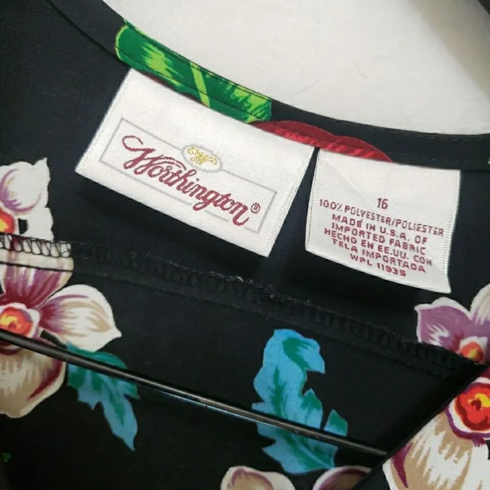 VTG Worthington Tropical Hibiscus Blouse 16 Black Hawaiian Button Up Plus Top - Picture 2 of 8